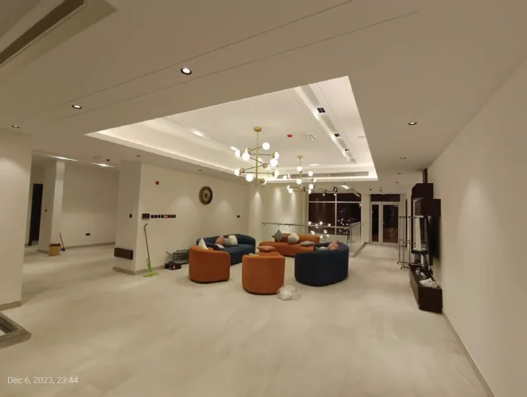 Finished villa interior with feature lighting