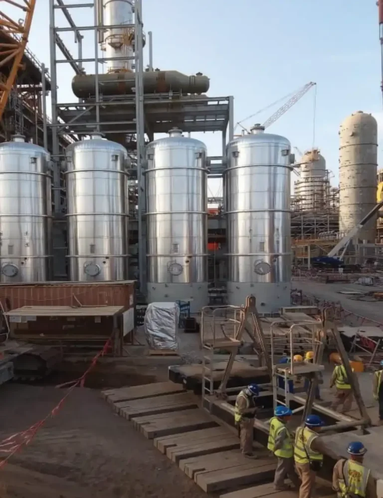Stainless-steel process vessels during installation