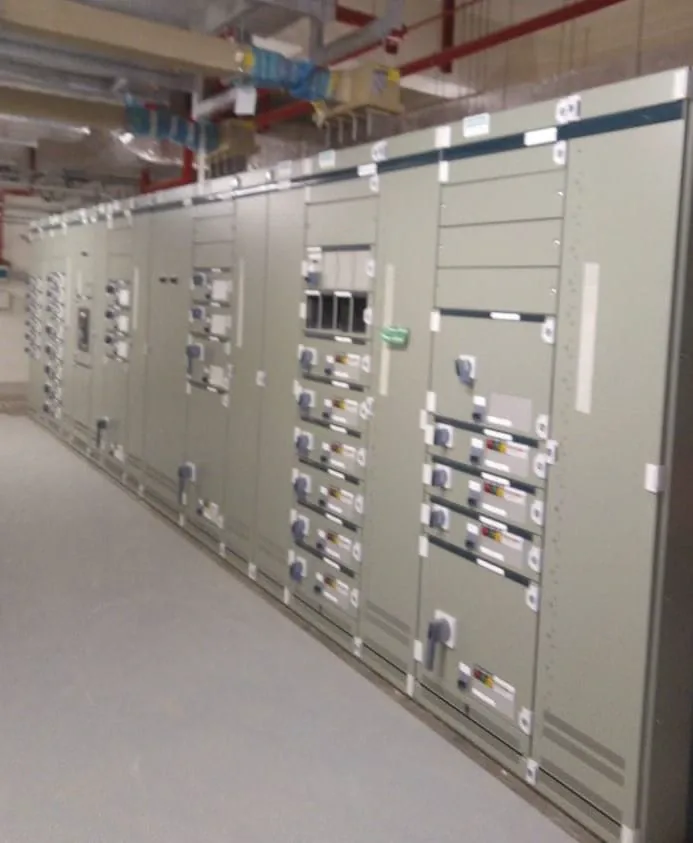 Low-voltage switchgear panels in an electrical room