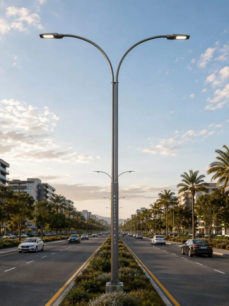 Twin-arm LED street lights along a palm-lined boulevard