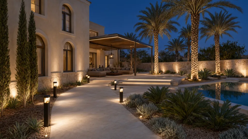 Landscape and pathway lighting in a villa garden