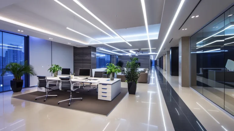 Open-plan office with linear ceiling lighting