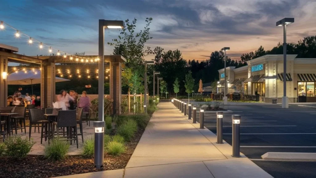 Bollard and pole lighting around an outdoor dining plaza