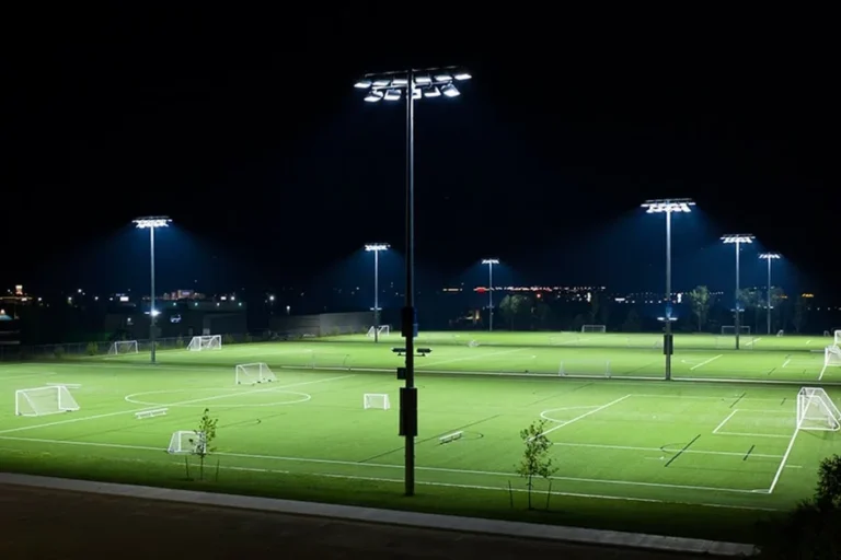 Floodlit sports pitches at night