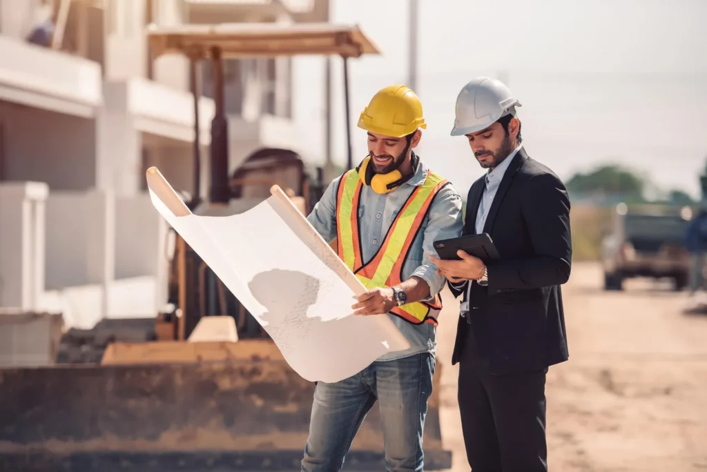 Site engineer and project manager reviewing drawings on site