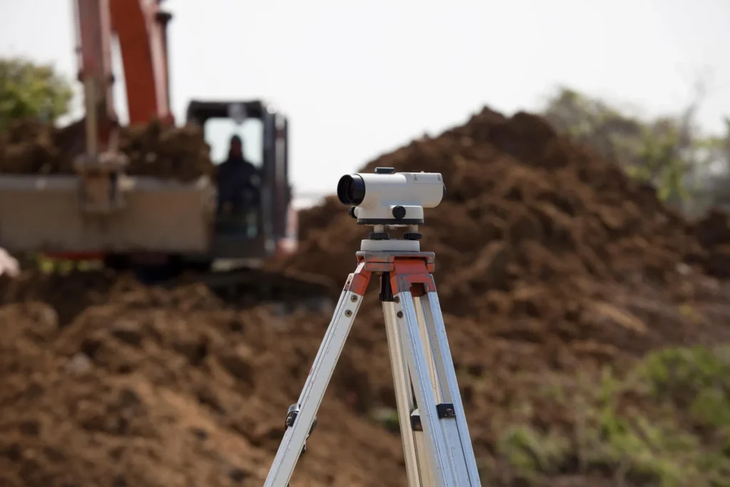 Surveying level set up beside an excavation